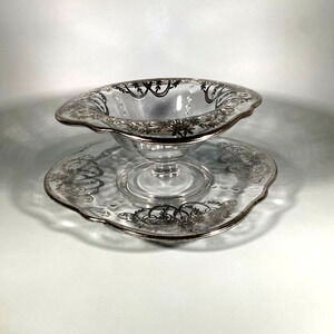 Vintage Glass Dish Matching Plate Stamped Sterling Silver Filigree Overlay